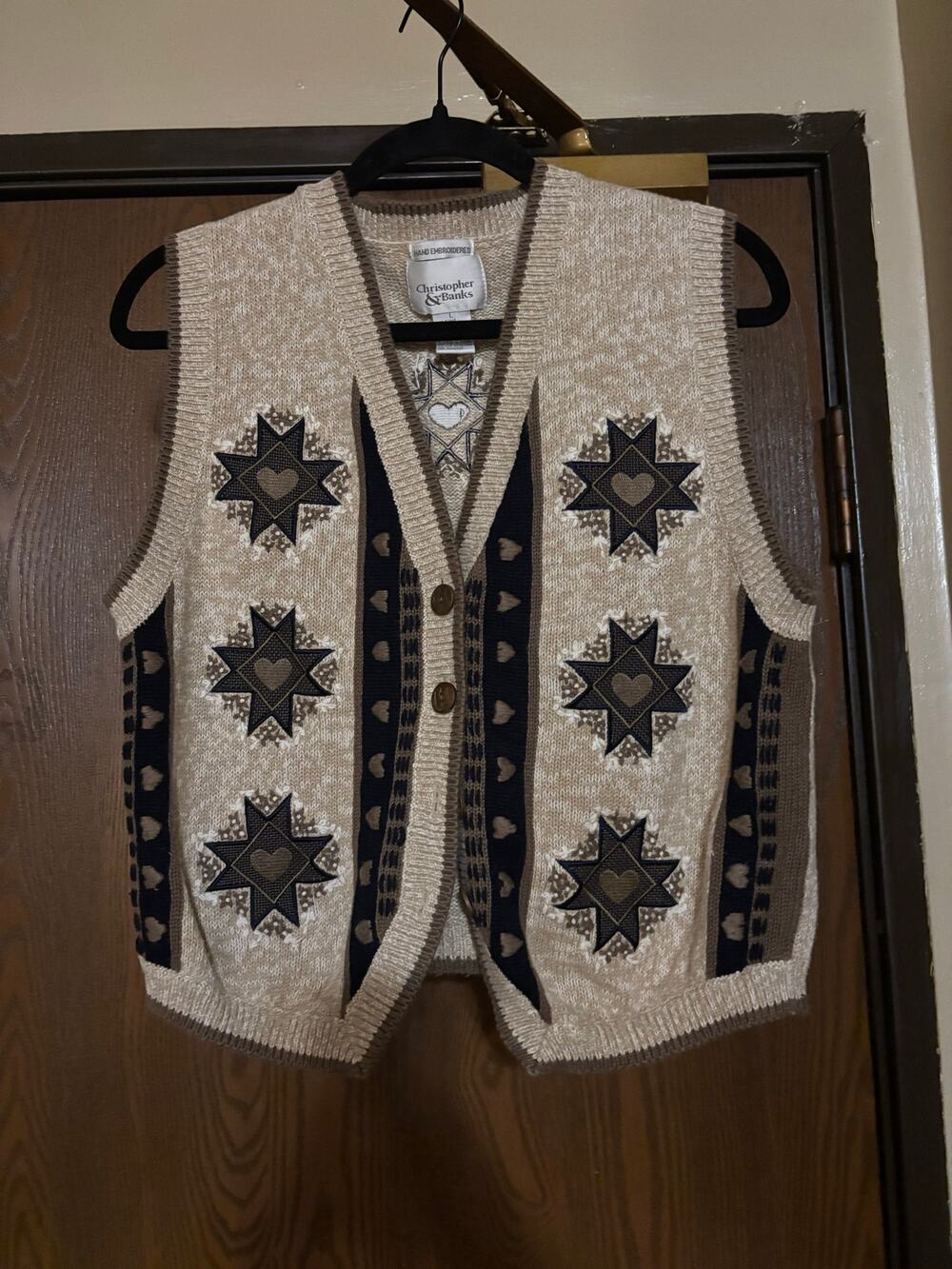 Vintage Beige Hand Embroidered Hearts/ Stars Fall/ Cotton Knitted Sweater Vest